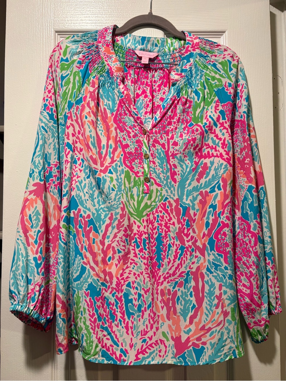 Lilly Pulitzer Elsa Multicolor Coral-Print Tunic Silk Top